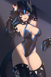 Rule 34 | 1girl, absurdres, animal ears, arm behind head, armlet, bare shoulders, black hair, black leotard, black thighhighs, blue eyes, blue hair, blue trim, borrowed character, bowsette, bowsette (cosplay), bracelet, breasts, cat ears, cat girl, cat tail, collar, cosplay, covered navel, highres, horns, jewelry, kyria (kyriastarspear), large breasts, leotard, long hair, mario (series), multicolored hair, new super mario bros. u deluxe, nintendo, original, parted lips, rexisminimalis, second-party source, solo, spiked armlet, spiked bracelet, spiked collar, spiked thighlet, spikes, streaked hair, tail, thighhighs