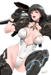 1girl artist_name black_hair breasts bunny_(the_first_descendant) butcha-u gloves jacket leotard medium_breasts medium_hair peace_symbol the_first_descendant weapon