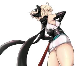 Rule 34 | 1girl, ahoge, arm up, armpits, ass, back bow, bare shoulders, black bow, black scarf, black sleeves, blonde hair, blush, bow, commentary request, detached sleeves, fate/grand order, fate (series), from behind, from below, hair bow, japanese clothes, kimono, long sleeves, looking at viewer, looking back, looking down, nezirinko, obi, okita souji (fate), okita souji (koha-ace), profile, sash, scarf, sheath, sheathed, short hair, short kimono, short ponytail, simple background, solo, sword, thighs, weapon, white background, white kimono, yellow eyes