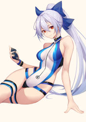 Rule 34 | 1girl, arm support, artist name, bare shoulders, blue ribbon, breasts, cellphone, commentary, commentary request, competition swimsuit, fate/grand order, fate (series), hair between eyes, hair ribbon, holding, holding phone, long hair, medium breasts, mitsudomoe (shape), multicolored clothes, multicolored swimsuit, one-piece swimsuit, phone, ponytail, red eyes, ribbon, sakanasoko, simple background, smartphone, smile, solo, swimsuit, thigh strap, tomoe (symbol), tomoe gozen (fate), tomoe gozen (swimsuit saber) (fate), tomoe gozen (swimsuit saber) (first ascension) (fate), white background, white hair