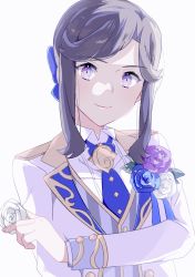 Rule 34 | 1girl, alternate hairstyle, bad id, bad pixiv id, blue bow, blue flower, blue necktie, blue rose, bow, brown hair, buttons, closed mouth, collared shirt, flower, formal, grey background, hair bow, hand up, highres, holding, holding flower, jacket, long sleeves, looking at viewer, necktie, nijiko (c2cs4q), official alternate costume, open clothes, open jacket, parted bangs, purple eyes, purple flower, purple rose, rose, shirt, short hair, shoujo kageki revue starlight, shoujo kageki revue starlight -re live-, sidelocks, simple background, smile, solo, tendou maya, upper body, waistcoat, white flower, white jacket, white rose, white shirt