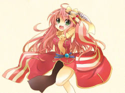 Rule 34 | 1girl, ahoge, animal, animal around neck, arm up, armpits, bangle, blush, bow, bracelet, breasts, commentary request, dagger, detached sleeves, dress, foot out of frame, fox, green eyes, holding, holding dagger, holding knife, holding weapon, jewelry, knife, long hair, looking at viewer, medium breasts, open mouth, pelvic curtain, pink hair, professor (ragnarok online), ragnarok online, red dress, red sleeves, reverse grip, shindo hachigo, shirt, simple background, sleeveless, sleeveless dress, sleeveless shirt, smile, solo, standing, standing on one leg, striped sleeves, very long hair, weapon, yellow background, yellow bow, yellow sleeves