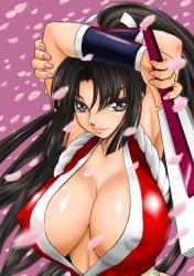 Rule 34 | 1girl, absurdres, arm up, armpits, arms behind head, black hair, breasts, cleavage, covered erect nipples, fatal fury, hand fan, highres, huge breasts, no bra, seductive smile, shiranui mai, smile, snk, solo, suzu yoshiaki, the king of fighters, wolfpack