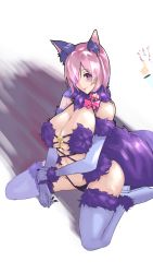 Rule 34 | 1girl, absurdres, animal ears, breasts, elbow gloves, fake animal ears, fake tail, fate/grand order, fate (series), fur-trimmed gloves, fur-trimmed legwear, fur collar, fur trim, gloves, hair over one eye, halloween costume, highres, large breasts, mash kyrielight, mash kyrielight (dangerous beast), o-ring, o-ring top, official alternate costume, purple eyes, purple gloves, purple hair, purple thighhighs, revealing clothes, short hair, solo focus, tail, thighhighs, wolf ears, wolf girl, wolf tail, zumizu