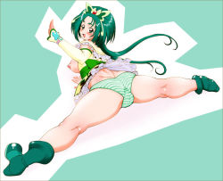 Rule 34 | 00s, 1girl, akimoto komachi, anal hair, anus, ass, bent over, boots, bottomless, breasts, cleft of venus, cure mint, detached sleeves, elbow gloves, fat mons, female pubic hair, gloves, green eyes, green hair, long hair, looking back, lying, magical girl, matching hair/eyes, mura-san, nipples, panties, precure, pubic hair, pussy, solo, split, spread legs, striped clothes, striped panties, trefoil, underwear, waving, yes! precure 5