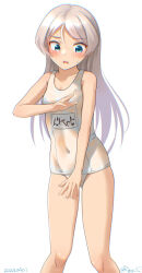 Rule 34 | 1girl, alternate costume, blue eyes, breasts, covered navel, dated, feet out of frame, grey hair, javelin (kancolle), kantai collection, long hair, looking down, loose hair strand, name connection, one-piece swimsuit, parted bangs, ray.s, school swimsuit, see-through swimsuit, simple background, small breasts, solo, standing, swimsuit, twitter username, white background, white one-piece swimsuit