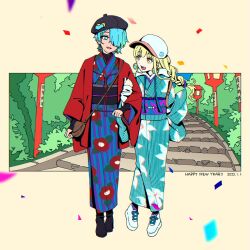 Rule 34 | 2girls, :d, akroglam, aorta (akroglam), arm grab, baseball cap, beret, black footwear, black hat, blonde hair, blue eyes, blue hair, blue kimono, braid, brown bag, commentary request, dated, eno (akroglam), floral print, floral print kimono, full body, hair over one eye, happy new year, hat, highres, japanese clothes, kimono, long hair, looking at another, multiple girls, new year, official art, open mouth, outdoors, second-party source, shoes, short hair, single braid, smile, stairs, standing, white footwear