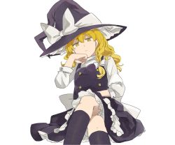 Rule 34 | 1girl, blonde hair, bow, braid, crossed legs, female focus, hair bow, hand on own face, hat, kirisame marisa, looking at viewer, natsume (menthol), simple background, sitting, solo, touhou, witch, witch hat, yellow eyes