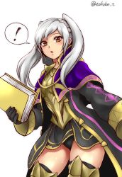 Rule 34 | 1girl, cloak, fire emblem, fire emblem awakening, highres, looking at viewer, nintendo, robin (female) (fire emblem), robin (fire emblem), simple background, solo, takobe, twintails, white background, white hair