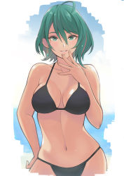 Rule 34 | 1girl, ahoge, asymmetrical hair, bikini, black bikini, blush, breasts, cleavage, commentary, contrapposto, cowboy shot, dead or alive, earrings, green eyes, green hair, hair between eyes, hand on own hip, hand to own mouth, jewelry, konishiki (52siki), large breasts, lips, looking at viewer, mole, mole under eye, multicolored hair, navel, parted lips, pink hair, short hair, simple background, smile, solo, standing, stomach, streaked hair, swimsuit, tamaki (doa), two-tone hair, white background
