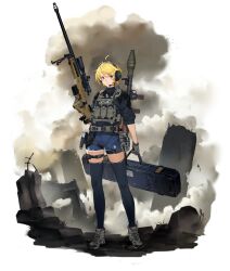 Rule 34 | 1girl, ahoge, artist request, bag, bipod, black collar, black eyebrows, black thighhighs, blonde hair, blue shorts, bulletproof vest, camouflage, collar, cross-laced footwear, debris, denim, denim shorts, final gear, footwear request, full body, gloves, grey gloves, gun, headset, highres, holding, holding bag, holster, holstered, magazine (weapon), megaera (final gear), microphone, military uniform, official art, on ground, pouch, purple eyes, rifle, scope, short hair, shorts, sleeves past elbows, sleeves rolled up, smile, smoke, smokestack, sniper rifle, solo, standing, tachi-e, tactical clothes, thigh strap, thighhighs, third-party source, torn clothes, torn shorts, transparent background, trigger discipline, uniform, war, weapon, weapon bag, weapon request