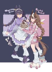 Rule 34 | 2girls, :t, alternate costume, animal ears, apron, bandaid, bandaid on face, bandaid on nose, black hair, braid, braided ponytail, breasts, brown hair, cake, character name, closed mouth, collared jacket, dated, food, full body, highres, holding, holding tray, horse ears, horse girl, horse tail, icing, jacket, jersey maid, long hair, long sleeves, looking at viewer, loose socks, low ponytail, low twintails, maid, maid headdress, medium breasts, multicolored hair, multiple girls, name tag, narita brian (umamusume), open mouth, pastry bag, pink eyes, pink jacket, pink shorts, purple jacket, purple skirt, renma (renma 0503), roller skates, short shorts, shorts, skates, skirt, small breasts, socks, standing, streaked hair, symboli rudolf (umamusume), tail, tray, twintails, twitter username, umamusume, unconventional maid, waist apron, white socks, yellow eyes