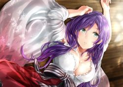 Rule 34 | 10s, 1girl, breasts, cleavage, green eyes, japanese clothes, large breasts, long hair, love live!, love live! school idol festival, love live! school idol project, lying, miko, napo8593, on back, purple hair, solo, tojo nozomi, twintails