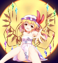 Rule 34 | 1girl, bare arms, black background, blonde hair, bow, collarbone, crystal, dress, fang, flandre scarlet, full moon, hair between eyes, hat, hat bow, head tilt, highres, leisikukki, looking at viewer, mob cap, moon, no panties, open mouth, orange eyes, outstretched arm, red bow, sash, side ponytail, sitting, smile, solo, strapless, strapless dress, tareme, touhou, white dress, white hat, wings