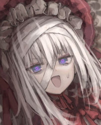 Rule 34 | 1girl, bandaged head, bandages, blue eyes, cropped, eyes visible through hair, frilled hat, frills, grey hair, hair between eyes, hat, long hair, neck ribbon, open mouth, original, osobachan, portrait, purple pupils, red hat, red ribbon, ribbon, skull, skull-shaped pupils, smile, solo, sweat, symbol-shaped pupils, upper body