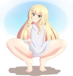 Rule 34 | 1girl, barefoot, blonde hair, closed mouth, creatures (company), eyelashes, feet, full body, game freak, highres, jcdr, lillie (pokemon), long hair, looking at viewer, nintendo, pokemon, solo, squatting