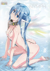 Rule 34 | 1girl, absurdres, ass, barefoot, bdsm, blue eyes, blue hair, blush, breasts, butt crack, character name, collar, covered erect nipples, dimples of venus, english text, feet, headgear, highres, kneeling, long hair, looking at viewer, matching hair/eyes, nymph (sora no otoshimono), partially submerged, shiny skin, slave, slingshot swimsuit, soles, solo, sora no otoshimono, suzutsuki kurara, swimsuit, twintails, very long hair, water, wet, wings