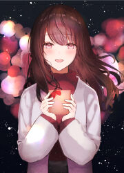 Rule 34 | 1girl, blurry, bokeh, box, brown eyes, brown hair, commentary, depth of field, highres, holding, holding box, jacket, long hair, long sleeves, looking at viewer, nekomaaro, open mouth, original, smile, solo, sweater, valentine
