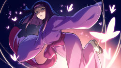 Rule 34 | 1girl, animal, asada hachi, banned artist, basilisk (manga), blunt bangs, brown footwear, bug, butterfly, dutch angle, glowing, glowing butterfly, gradient background, highres, hotarubi, insect, japanese clothes, kimono, leg up, long hair, long sleeves, looking at viewer, obi, parted lips, purple background, purple eyes, purple hair, purple kimono, purple sash, sandals, sash, sleeves past fingers, sleeves past wrists, solo, tabi, white legwear, wide sleeves, zouri