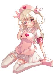 Rule 34 | &gt; &lt;, 1girl, absurdres, adjusting eyewear, akiyuki nagi, apron, bandaged arm, bandaged wrist, bandages, blonde hair, blush, center frills, collared dress, commentary request, dress, frills, full body, glasses, hair ornament, hand up, hat, heart, heart print, highres, long hair, looking at viewer, nail polish, natori sana, nurse cap, open mouth, pink apron, pink footwear, pink hat, pocket, puffy short sleeves, puffy sleeves, rabbit hair ornament, red eyes, red nails, round eyewear, sana channel, short sleeves, simple background, sitting, slippers, smile, solo, thighhighs, two side up, virtual youtuber, wariza, white background, white dress, white thighhighs
