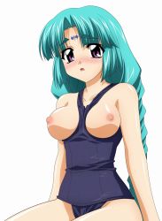 Rule 34 | 1990s (style), 1girl, absurdres, between breasts, blue eyes, blush, breasts, canal vorfeed, highres, large breasts, lost universe, nipples, one-piece swimsuit, school swimsuit, solo, sugimura tomokazu, swimsuit