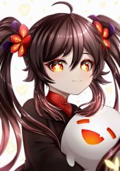 Rule 34 | 1girl, absurdres, ahoge, brown hair, chinese clothes, closed eyes, fang, genshin impact, ghost, hair between eyes, highres, hu tao (genshin impact), hug, open mouth, red eyes, rvve, smile, symbol-shaped pupils, twintails