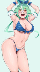 Rule 34 | 1girl, :d, alternate costume, animal ears, armpits, arms up, bikini, blue bikini, breasts, cleavage, commentary, detached sleeves, english commentary, genshin impact, glasses, green hair, highres, holding, large breasts, long hair, looking at viewer, multicolored hair, navel, okpriko, open mouth, orange eyes, semi-rimless eyewear, simple background, slime (genshin impact), smile, solo, streaked hair, sucrose (genshin impact), sweat, swimsuit, white hair