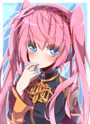Rule 34 | 1girl, alternate hairstyle, amulet, aosaki yato, aqua nails, black shirt, blue background, blue eyes, blush, closed mouth, detached sleeves, finger to mouth, gold trim, hairband, highres, long hair, looking at viewer, megurine luka, nail polish, pink hair, see-through, shadow, shirt, shoulder tattoo, solo, tattoo, twintails, upper body, vocaloid