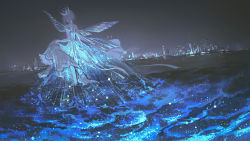Rule 34 | 1girl, bare shoulders, bioluminescence, bird, blue dress, blue theme, choker, city lights, commentary request, crow, dress, facing away, fairy wings, ferris wheel, from behind, glowing, highres, night, ocean, original, outstretched hand, ribbon, senryoko, short hair, signature, skirt hold, sky, solo, sparkle, standing, strapless, strapless dress, transparent wings, wading, waves, wings