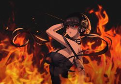 Rule 34 | 1girl, 2v (joyeong), absurdres, arm up, bare shoulders, black dress, black hair, breasts, dagger, dress, embers, fiery background, fire, fire, floating hair, flower, from side, gold hairband, hair between eyes, hair flower, hair ornament, hairband, highres, holding, holding dagger, holding knife, holding weapon, incoming attack, knife, korean commentary, large breasts, looking at viewer, parted lips, red eyes, rose, solo, spikes, spy x family, upper body, weapon, yor briar