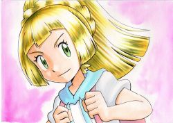 Rule 34 | 1girl, backpack, bag, blonde hair, blue sailor collar, braid, closed mouth, commentary request, creatures (company), eyelashes, french braid, game freak, hands up, high ponytail, highres, holding strap, lillie (pokemon), long hair, nintendo, oka mochi, pink background, pink bag, pokemon, pokemon sm, sailor collar, shirt, short sleeves, smile, solo, traditional media, upper body, white shirt