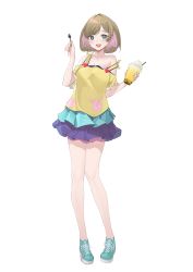 Rule 34 | 1girl, :d, absurdres, animal print, bare legs, blue eyes, blue footwear, blue skirt, brown hair, collarbone, highres, holding, holding spoon, kuroja, layered skirt, looking at viewer, love live!, love live! superstar!!, medium hair, miniskirt, multicolored hair, off shoulder, open mouth, pink hair, pleated skirt, print shirt, rabbit print, shirt, shoes, short sleeves, simple background, skirt, smile, sneakers, solo, spoon, tang keke, two-tone hair, white background, yellow shirt