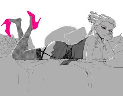 Rule 34 | 1girl, artist request, bed, breasts, character request, feet, female focus, gender request, genderswap, high heels, inazuma eleven, inazuma eleven (series), large breasts, limited palette, nipples, shoe dangle, shoes, solo, tagme