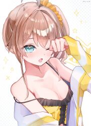 Rule 34 | 1girl, ahoge, alternate breast size, asa going, bare shoulders, blue eyes, breasts, brown hair, grey background, hair between eyes, hair ornament, hair scrunchie, hand up, highres, hololive, jacket, long sleeves, looking at viewer, medium breasts, natsuiro matsuri, off shoulder, one eye closed, one side up, open clothes, open jacket, open mouth, parted bangs, patterned background, rubbing eyes, scrunchie, shirt, side ponytail, sidelocks, sleepwear, solo, sparkle, strap slip, striped clothes, striped jacket, upper body, virtual youtuber, yellow shirt