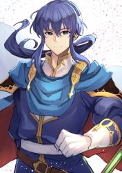 Rule 34 | 1boy, blue eyes, blue hair, cape, fire emblem, fire emblem: genealogy of the holy war, gloves, headband, highres, long hair, looking at viewer, male focus, nakabayashi zun, nintendo, ponytail, seliph (fire emblem), simple background, smile, solo