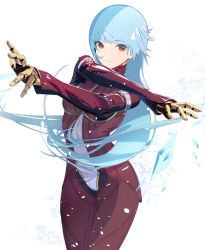 Rule 34 | 1girl, attack, blue hair, bodysuit, cofffee, cowboy shot, ice crystal, kula diamond, long hair, looking at viewer, mechanical arms, red bodysuit, red eyes, simple background, smile, snowflakes, solo, standing, the king of fighters, white background