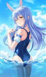 Rule 34 | 1girl, absurdres, animal ear fluff, animal ears, ass, bare shoulders, bird, blue hair, blue sky, blush, closed mouth, cloud, detached sleeves, extra ears, gyuu, hair between eyes, highres, hololive, legs apart, long hair, looking at viewer, looking back, ocean, partially submerged, partially underwater shot, rabbit ears, rabbit girl, school swimsuit, sky, solo, swimsuit, thick eyebrows, thighs, underwater, usada pekora, virtual youtuber, water, yellow eyes
