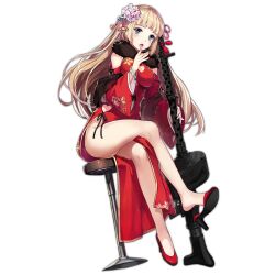 Rule 34 | 1girl, bar stool, bell, blonde hair, blue eyes, bracelet, breasts, china dress, chinese clothes, cleavage cutout, clothing cutout, crossed legs, detached sleeves, dress, drum magazine, dual drum magazine, flower, fur-trimmed dress, fur trim, girls&#039; frontline, gun, hair bell, hair flower, hair ornament, hand to own mouth, heart cutout, high heels, hime cut, holding, holding gun, holding weapon, jewelry, large breasts, light blush, long hair, looking at viewer, machine gun, magazine (weapon), mg34, mg34 (divine peach blossom) (girls&#039; frontline), mg34 (girls&#039; frontline), no legwear, no panties, no socks, official alternate costume, official art, open mouth, red footwear, shoe dangle, side-tie dress, simple background, sitting, solo, spirtie, stool, transparent background, very long hair, weapon, wide sleeves