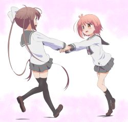 Rule 34 | 2girls, :d, black legwear, blush, bow, brown eyes, brown footwear, brown hair, commentary request, eye contact, fang, grey neckwear, grey sailor collar, grey skirt, hair bow, highres, holding hands, ichinose hana, loafers, long sleeves, looking at another, momochi tamate, multiple girls, open mouth, outstretched arms, pleated skirt, profile, sailor collar, school uniform, serafuku, shirt, shoes, sincos, skirt, slow start, smile, socks, standing, standing on one leg, thighhighs, twintails, white bow, white shirt