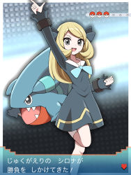 Rule 34 | 1girl, :d, absurdres, aged down, arm up, arrow (symbol), blonde hair, blue ribbon, border, clenched hand, commentary request, creatures (company), cynthia (pokemon), dialogue box, dress, eyelashes, game freak, gen 4 pokemon, gible, grey eyes, hair ribbon, highres, index finger raised, knees, leg up, long hair, looking at viewer, neck ribbon, nintendo, open mouth, poke ball symbol, pokemon, pokemon (anime), pokemon (creature), pokemon journeys, ribbon, shabana may, smile, socks, teeth, tongue, translated, upper teeth only, white border, white socks