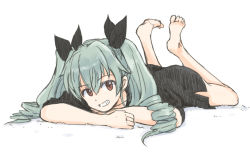 Rule 34 | 1girl, anchovy (girls und panzer), barefoot, bow, brown eyes, drill hair, girls und panzer, green hair, grin, hair bow, lying, mutsu (layergreen), on stomach, shirt, smile, solo, t-shirt, twin drills, white background