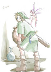 Rule 34 | 1boy, 1girl, bad id, blonde hair, blue eyes, boots, brown footwear, brown gloves, carrying, character name, character request, expressionless, fairy, fairy wings, gloves, green headwear, green tunic, hat, holding, holding jar, indoors, jar, link, looking back, lowres, nintendo, pink footwear, pink gloves, pink hair, pink shirt, rendezvous, scabbard, sheath, shirt, short hair, sword, the legend of zelda, weapon, wings