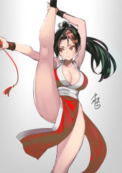 Rule 34 | breasts, chinese clothes, hair between eyes, kneepits, large breasts, legs, pelvic curtain, revealing clothes, simple background, standing, standing on one leg, tagme, yamahara
