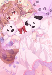 Rule 34 | 1girl, 54hao, :d, animal ears, bed sheet, bow, breasts, brown hair, cleavage, collarbone, commentary, dog ears, dog girl, dog hair ornament, dog tail, dress, fangs, frilled dress, frilled pillow, frills, futo-inu, hair ornament, hairband, highres, hololive, hoso-inu, inugami korone, long hair, long sleeves, looking at viewer, low twintails, medium breasts, hugging object, open mouth, pillow, pink hairband, red bow, smile, solo, stuffed animal, stuffed dog, stuffed toy, tail, twintails, virtual youtuber, white dress, wide sleeves