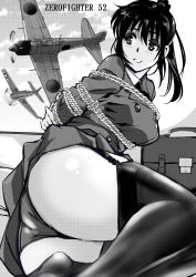 Rule 34 | 1girl, aircraft, airplane, arms behind back, ass, bag, bound, breasts, cloud, commentary request, greyscale, hair ornament, hair ribbon, jacket, kamisimo 90, long hair, looking at viewer, medium breasts, military, military vehicle, monochrome, necktie, on floor, original, outdoors, panties, pleated skirt, ponytail girl (kamisimo 90), ribbon, rope, school bag, school uniform, shirt, sitting, skirt, sky, thighhighs, underwear