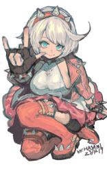 Rule 34 | 1girl, \m/, absurdres, ahoge, aqua eyes, artist name, black gloves, black shorts, blurry, blurry foreground, bob cut, boots, breasts, closed mouth, coat, dated, depth of field, elphelt valentine, emblem, fingerless gloves, full body, gloves, guilty gear, guilty gear strive, hairband, hand up, highres, hua ha jiazi, kneeling, large breasts, long sleeves, looking at viewer, orange footwear, red coat, red hairband, short hair, shorts, sideboob, simple background, sketch, smile, solo, spiked hairband, spikes, thigh boots, thighs, white background, white hair