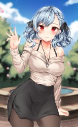 Rule 34 | 1girl, bad id, bad twitter id, bare shoulders, beige sweater, black ribbon, black skirt, blue sky, blurry, blurry background, blush, breasts, casual, cleavage, closed mouth, cloud, collarbone, cowboy shot, day, girls&#039; frontline, hair ribbon, hand up, highres, jewelry, large breasts, long hair, looking at viewer, necklace, off shoulder, outdoors, petals, red eyes, ribbon, ring, ring necklace, sidelocks, silver hair, skirt, sky, smile, solo, spas-12 (girls&#039; frontline), sweater, twintails, wedding ring, zerocat
