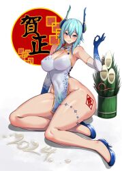 Rule 34 | 1girl, bare shoulders, blue eyes, blue footwear, blue hair, blush, breasts, calpish, china dress, chinese clothes, cleavage, covered erect nipples, covered navel, dress, elbow gloves, gloves, grin, high heels, horns, large breasts, long hair, looking at viewer, original, sitting, smile, solo, yokozuwari