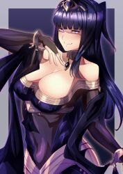 Rule 34 | 1girl, bare shoulders, bodysuit, breasts, cape, cleavage, fire emblem, fire emblem awakening, highres, large breasts, nintendo, purple eyes, purple hair, tharja (fire emblem), to (tototo tk), twintails