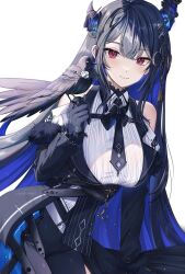 Rule 34 | 1girl, absurdres, asymmetrical horns, bare shoulders, bird, black hair, blue hair, blush, breasts, closed mouth, clothing cutout, colored inner hair, crow, demon horns, dress, fur trim, hair ornament, highres, hololive, hololive english, horns, lacia everlight, large breasts, long hair, long sleeves, looking at viewer, mole, mole under eye, multicolored hair, nerissa ravencroft, nerissa ravencroft (1st costume), red eyes, shadow (nerissa ravencroft), shoulder cutout, simple background, smile, solo, two-tone hair, uneven horns, virtual youtuber, white background